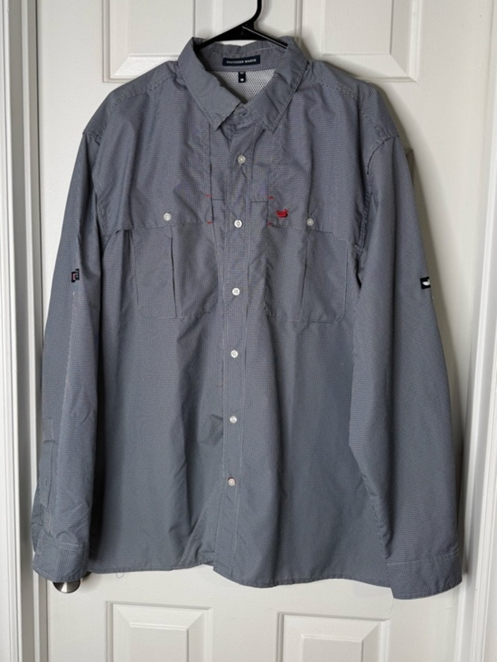 Southern Marsh Micro-Check Button-Down Shirt in Navy and White